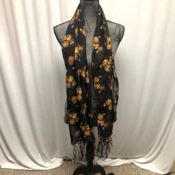 Ucho Bali Black Gold Metallic Floral Scarf Fringe Lightweight Sheer 19.5x63in - Picture 1 of 7